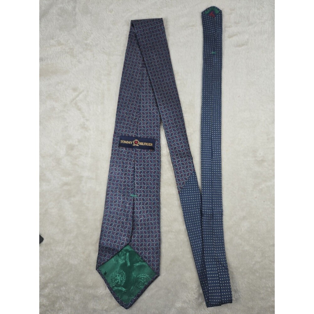 Vintage Tommy Hilfiger Silk Tie Blue Red Geometric Medallion Foulard Made in USA
